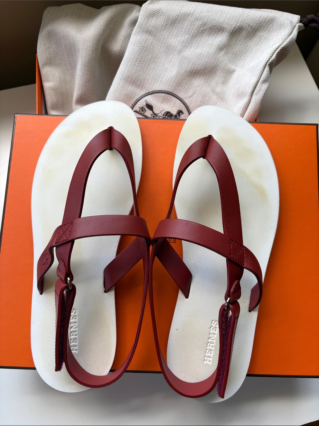Hermes Red Leather Slingback Sandals With White Footbed